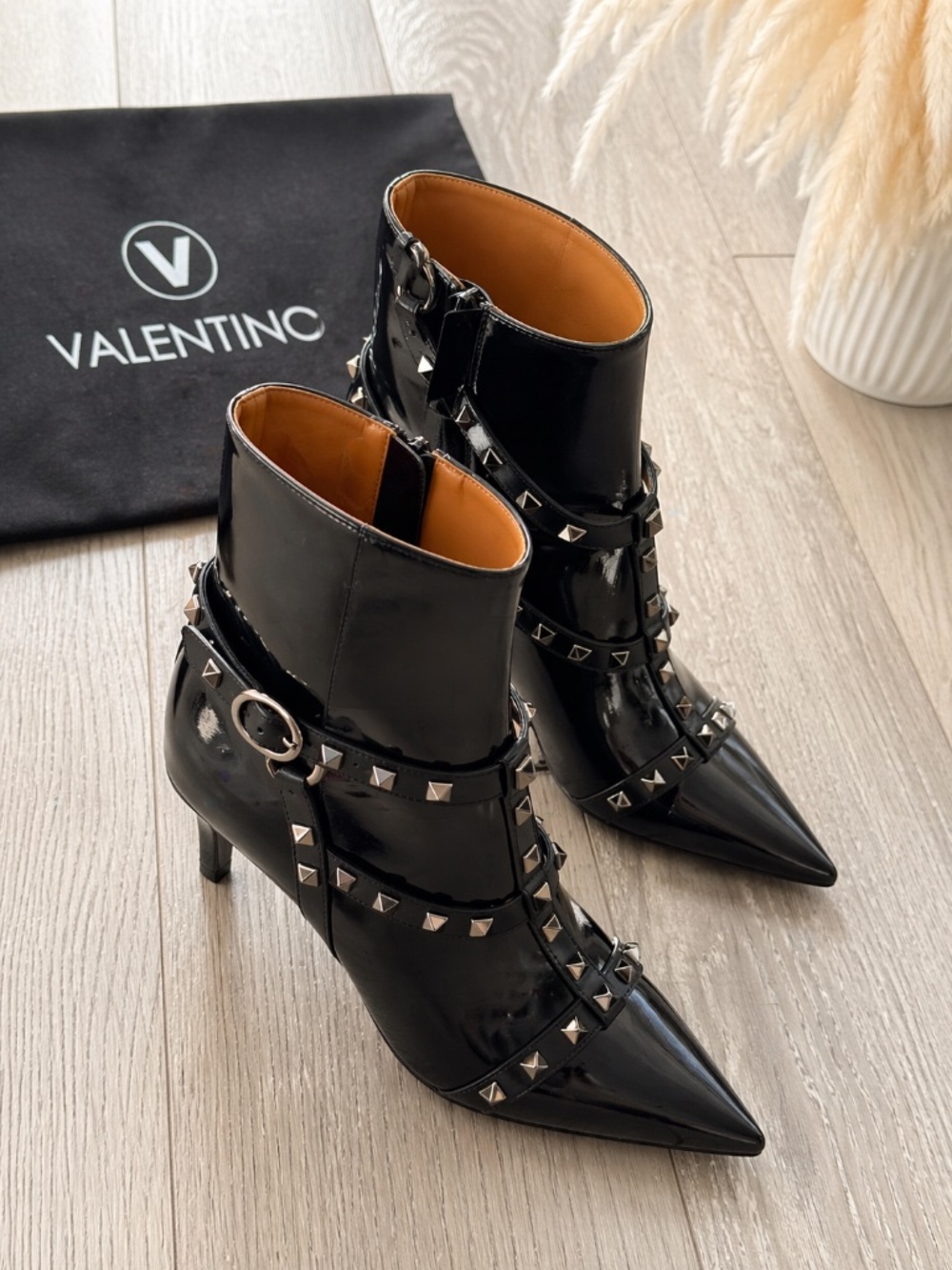 Valentino Rockstud Harness Patent Leather Ankle Boots Black EU 37 Heels